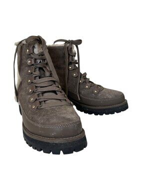 Tory Burch Womens 9.5 Birch Suede Shearling Lace Up Hiking Boots Lug Sole Winter